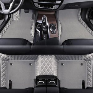 LIGHT GREY & WHITE STITCHING  BASE WITH GREY CARPET DOUBLE LAYER CAR FLOOR MAT