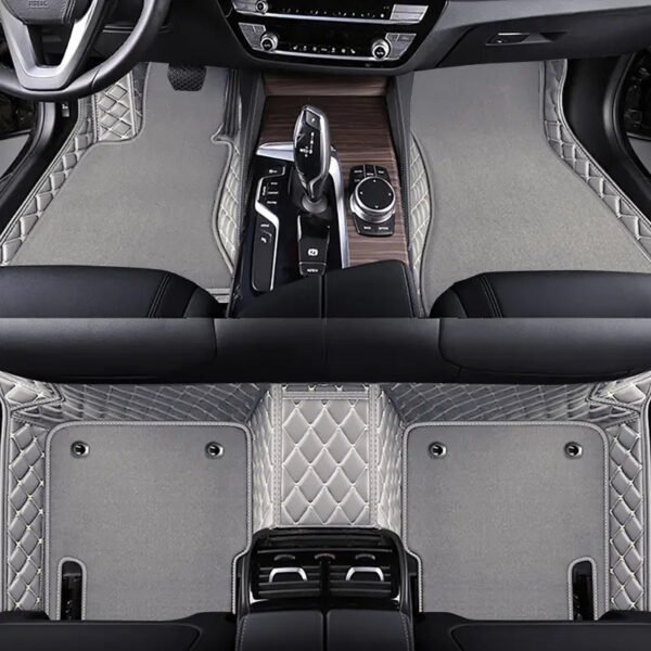 LIGHT GREY & WHITE STITCHING  BASE WITH GREY CARPET DOUBLE LAYER CAR FLOOR MAT